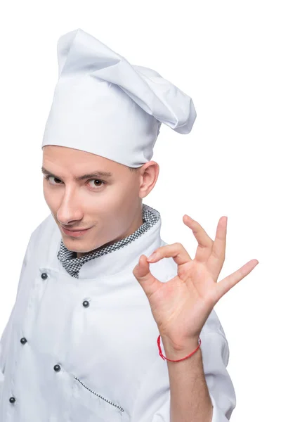 Beyaz arka plan üzerinde aşçı el hareketi, dikey izole portrai — Stok fotoğraf
