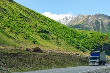 T pitoresk bir yerde bir dağ yolunda bir yük ile Wagon