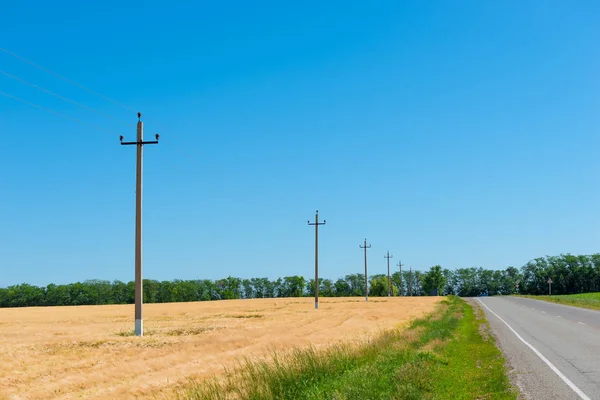 Motor road and wheat field with electric pylons, rural landscape — Stock Photo, Image