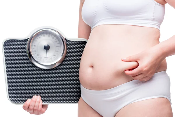 Concepto de la foto es hora de perder peso! hembra grasa vientre primer plano —  Fotos de Stock