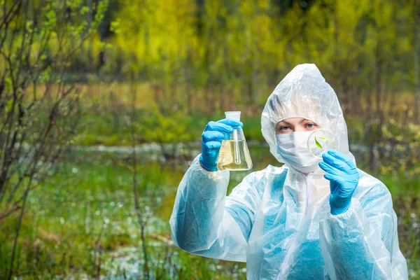 森林川からの水と植物のサンプルを持つ生態学者 — ストック写真