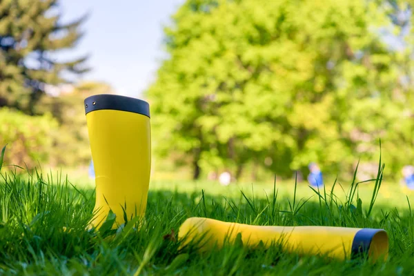 Twee gele rubberen laarzen op een groene sappige gazon op een lente aftern — Stockfoto
