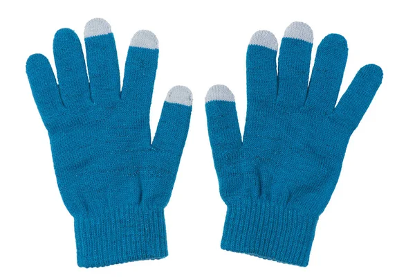 Warm knitted gloves in blue with fingers for a smartphone on a w — Stock Photo, Image