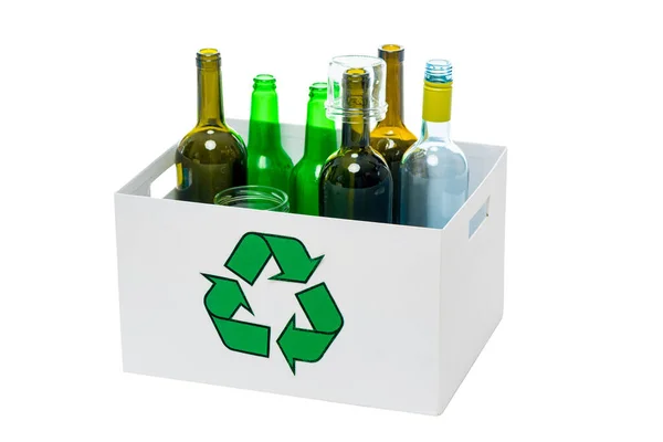 Botellas Vidrio Dentro Contenedor Reciclaje — Foto de Stock