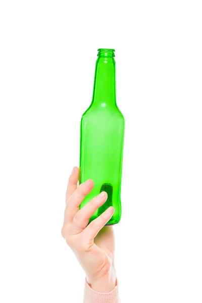 Grön Glasflaska Kvinnliga Handen Vit Bakgrund — Stockfoto