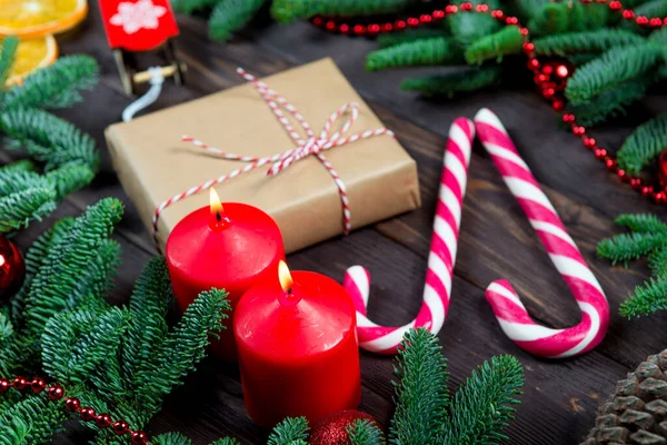Velas Navidad Regalo Retro Bastón Caramelo Árboles Navidad Tarjeta Año — Foto de Stock