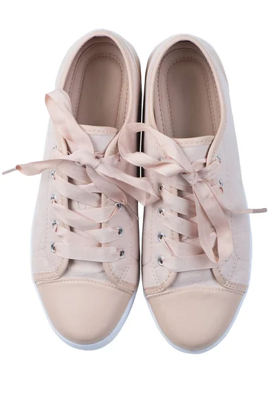Schuhe Auf Weißem Hintergrund Rosafarbene Turnschuhe Mit Perlen — Stockfoto