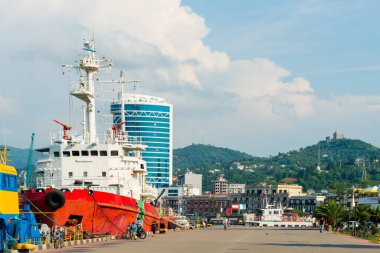 Kargo gemisi şehrin limanında dağların arka planına demirlemiş.