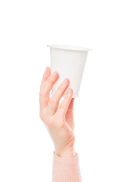 Hand Houden Plastic Kopje Yoghurt Witte Achtergrond — Stockfoto