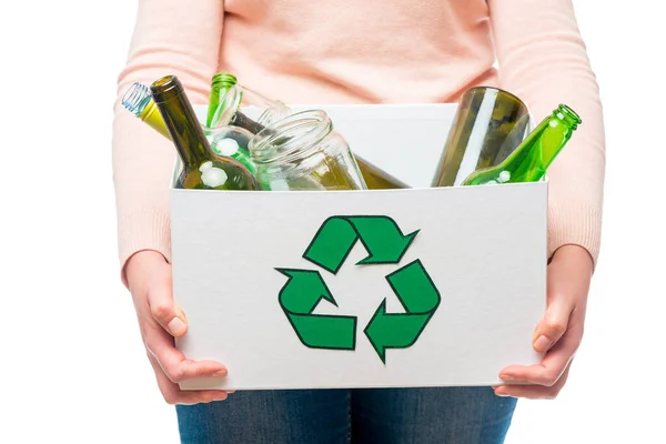 Ženská Ruka Drží Odpadní Sklo Recyklačním Koši — Stock fotografie