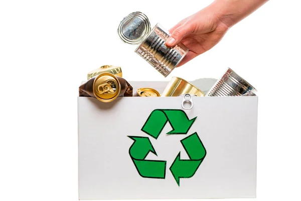 Female Hand Putting Empty Can Recycling Bin — Stock Photo, Image