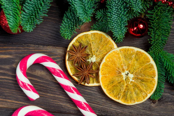 Object Christmas - Three presents in retro wrapping, cinnamon and green dense fir branch