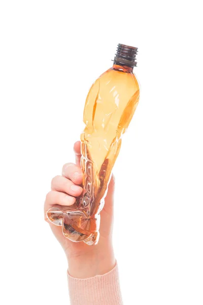 Пустые Пластиковые Коричневые Бутылки Женской Руке Изолированы Белом Фоне Стоковое Фото