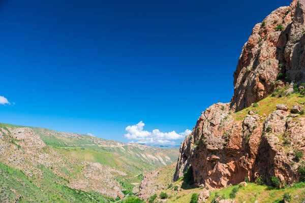 Beautiful landscape of Armenia, view of the mountains and gorge at Noravank Monastery, river valley