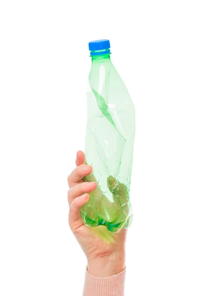 Lege Plastic Blauwe Fles Vrouwelijke Hand Geïsoleerd Witte Achtergrond — Stockfoto