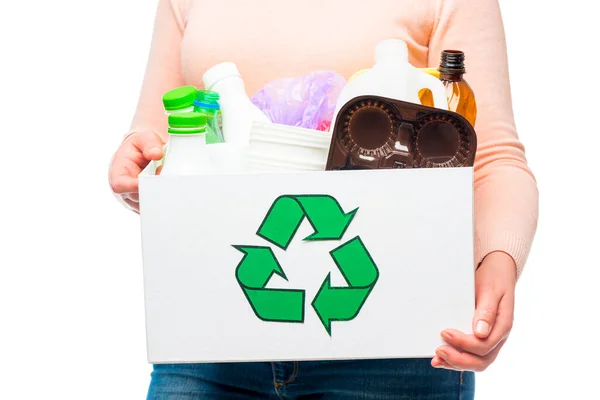 Female Hand Holding Empty Plastic Bottle Recycling Bin — Stock Photo, Image