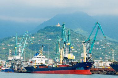 Denizden bir kargo gemisine ve büyük bir şehrin limanındaki kargo vinçlerine bakın.