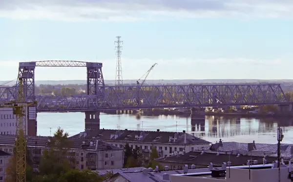 Arkhangelsk Vista Cima Dia Outono Ensolarado Outubro Ponte Ferroviária Através — Fotografia de Stock