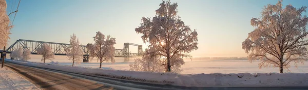 Arkhangelsk. Güneşli kış günü. Ocak. Demiryolu Köprüsü kuzey Dvina Nehri. Dünya baskül Demiryolu Köprüsü kuzey