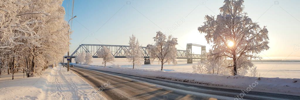 Arkhangelsk. Sunny winter day. January. Railway bridge over the Northern Dvina river. The Northern in the world bascule railroad bridge
