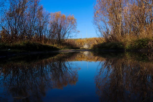 Autumn day in Arkhangelsk. Island Krasnoflotsky. the reflection — Stock Image Autumn day in Arkhangelsk. Island Krasnoflotsky. the reflection Stock Photo