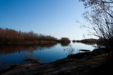 Arkhangelsk 'de sonbahar günü. Ada Krasnoflotsky. yansıma 