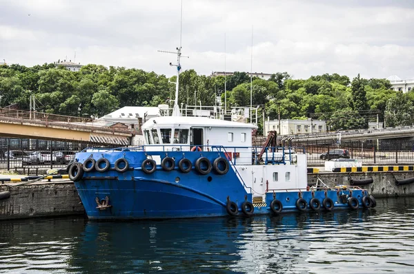 Sleepboot Van Technische Vloot Pier Haven Blauwe Romp Witte Kappen — Stockfoto