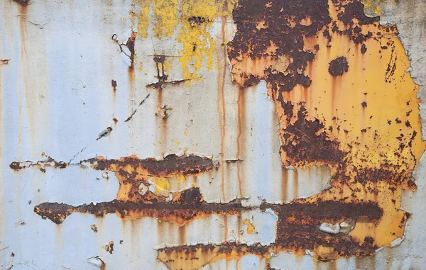 Viejo Óxido Plancha Pintura Arañazos Agrietados Sobre Fondo Metálico Amarillo —  Fotos de Stock