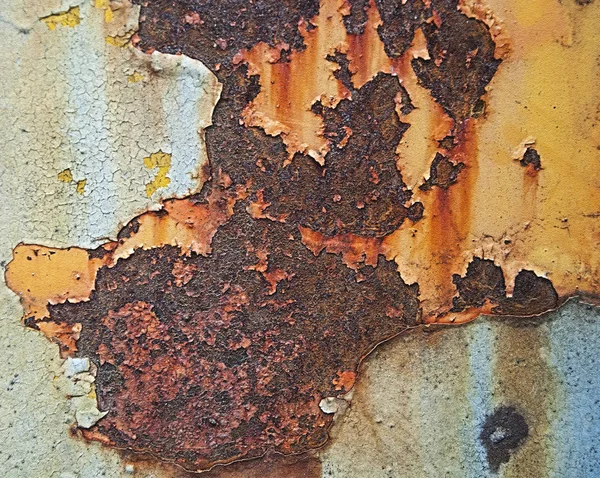 铁上的旧铁锈 在黄色 蓝色金属背景上的划痕油漆和划痕 — 图库照片
