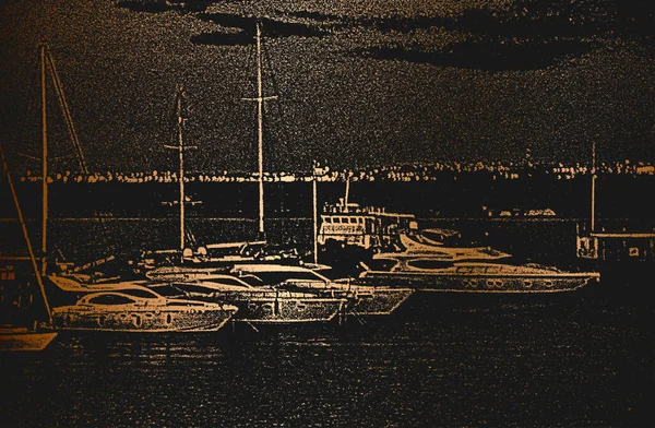 港のヨットやボートのためのバース 海のヨットは 港の旅客ターミナルの桟橋に安全に係留されています ヴィンテージ手描きベクトルイラスト 金色に輝く背景 — ストックベクタ