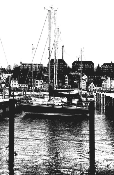 Kajplats För Båtar Och Båtar Hamnen Havsbåtarna Säkert Förtöjda Vid — Stock vektor