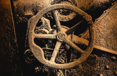 Distressed overlay texture of golden rusted peeled metal plate, tank elements, valve, faucet, ventil, crane. grunge background. abstract halftone vector illustration