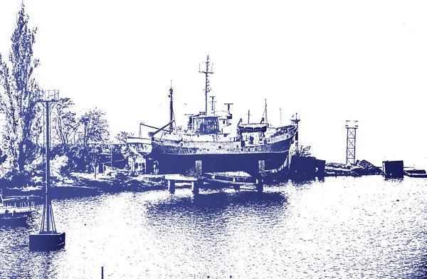 Barco Las Poblaciones Zona Portuaria Instalado Sobre Soportes Hormigón — Archivo Imágenes Vectoriales