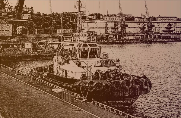 Tug Technical Fleet Moored Berth Port Black Sea — Stock Vector