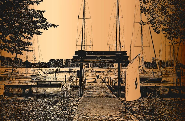 港には帆船やヨットが停泊していた 海の風景 — ストックベクタ