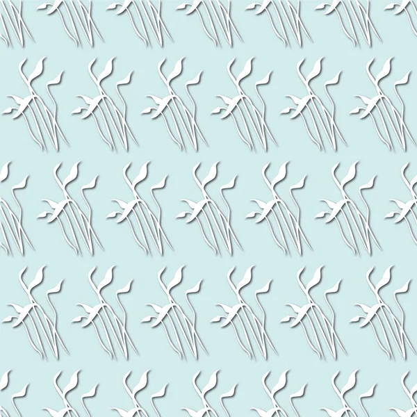 White plant, flowers silhouette on pale blue background, seamless pattern. Paper cut style with drop shadows and highlights.