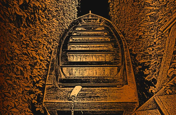 河岸上破旧的木船 焦虑不安的向量说明 黑色和金色背景 — 图库矢量图片