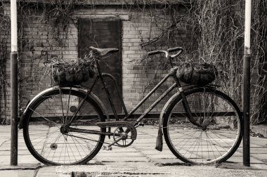 Retro Bisiklet Otoparkı. İki bavullu paslı eski püskü bir bisiklet..