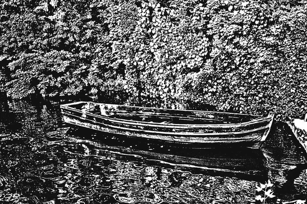 川の岸に古い木のボートを着ていた ベクトルイラストを描く 白黒の背景 — ストックベクタ
