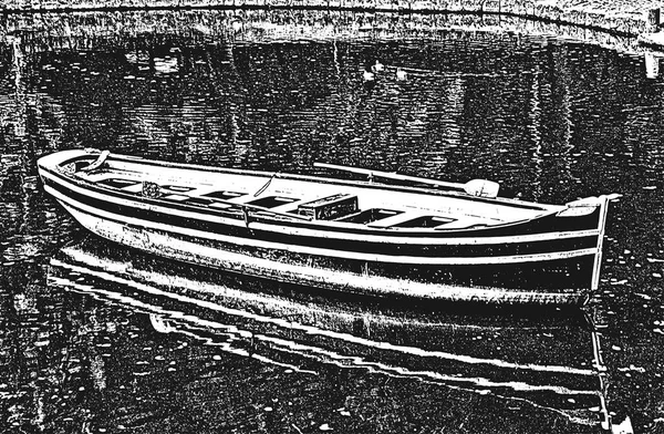河岸上破旧的木船 焦虑不安的向量说明 黑白背景 — 图库矢量图片