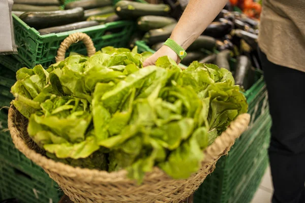 Mano Della Donna Raccogliendo Una Lattuga Dal Cestino Del Supermercato — Foto Stock