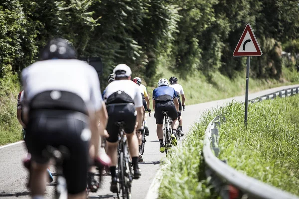 güneşli bir günde sırtında bir yoldan dizilmiş bisikletçiler Grup