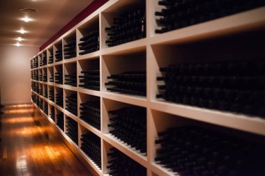 Şarap şişeleri raflarında saklanan