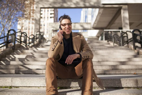 Young Attractive Business Man Working His Smart Phone Sitting Some — Stock Photo, Image