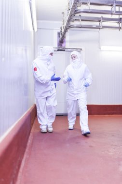 hijyenik giysiler içinde kesim odasında yürürken konuşan iş arkadaşları