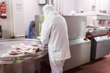 Et doğrama odasının vakum paketleme makinesini kullanarak hijyenik giysiler giyen bir işçi.