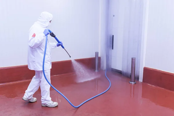 Pekerja Dari Ruang Pemotongan Mencuci Ruang Dingin Dengan Peralatan Tekanan — Stok Foto
