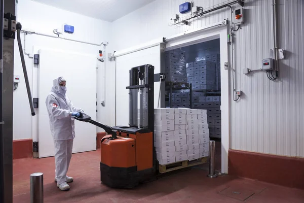 衛生的な服を着た労働者が食肉加工場の冷凍カメラから箱を取り出し — ストック写真