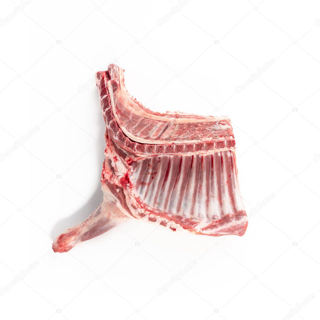 forequarter of suckling lamb, photograph taken on pure white background, for e-commerce. back view