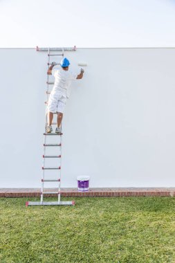 Tanımlanamayan genç bir ressam apartman cephesini boyuyor, merdivenleri tırmanıyor.